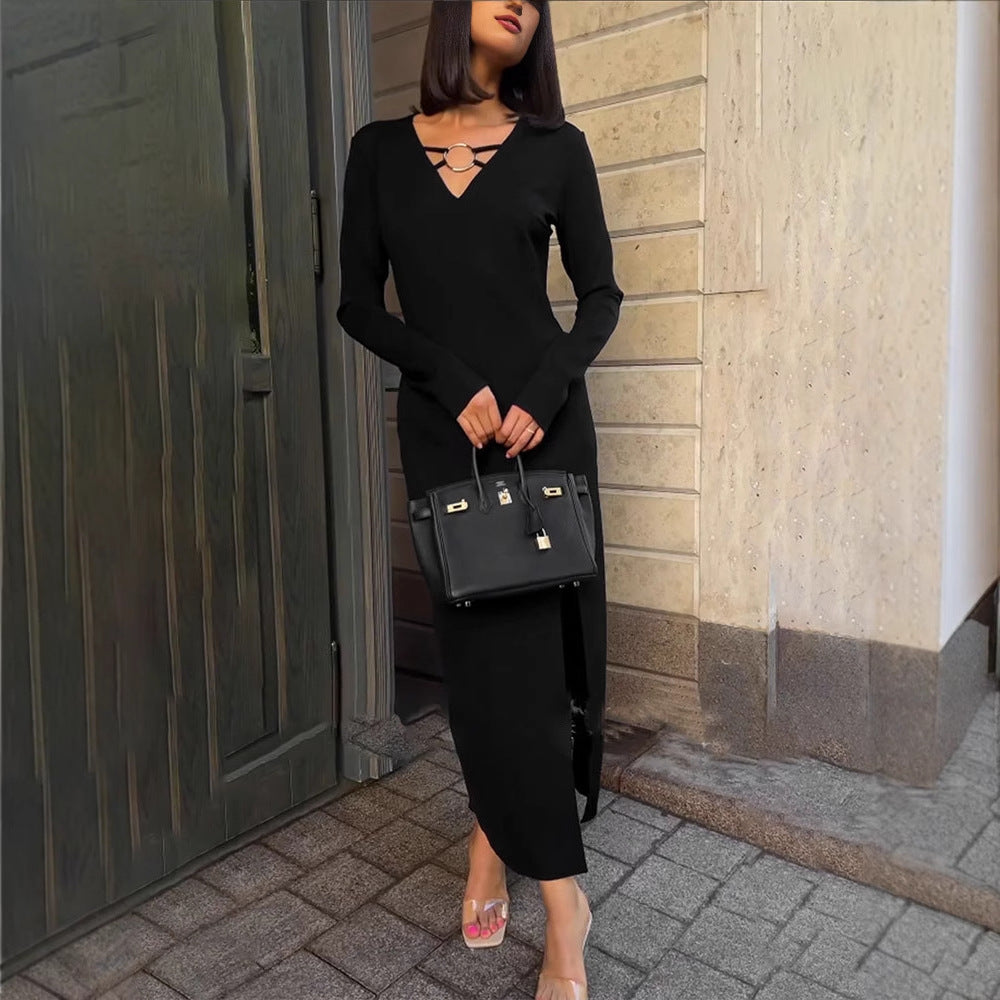 New Solid Color And V-neck Metal Round Buckle Fashion Long Sleeve Dress