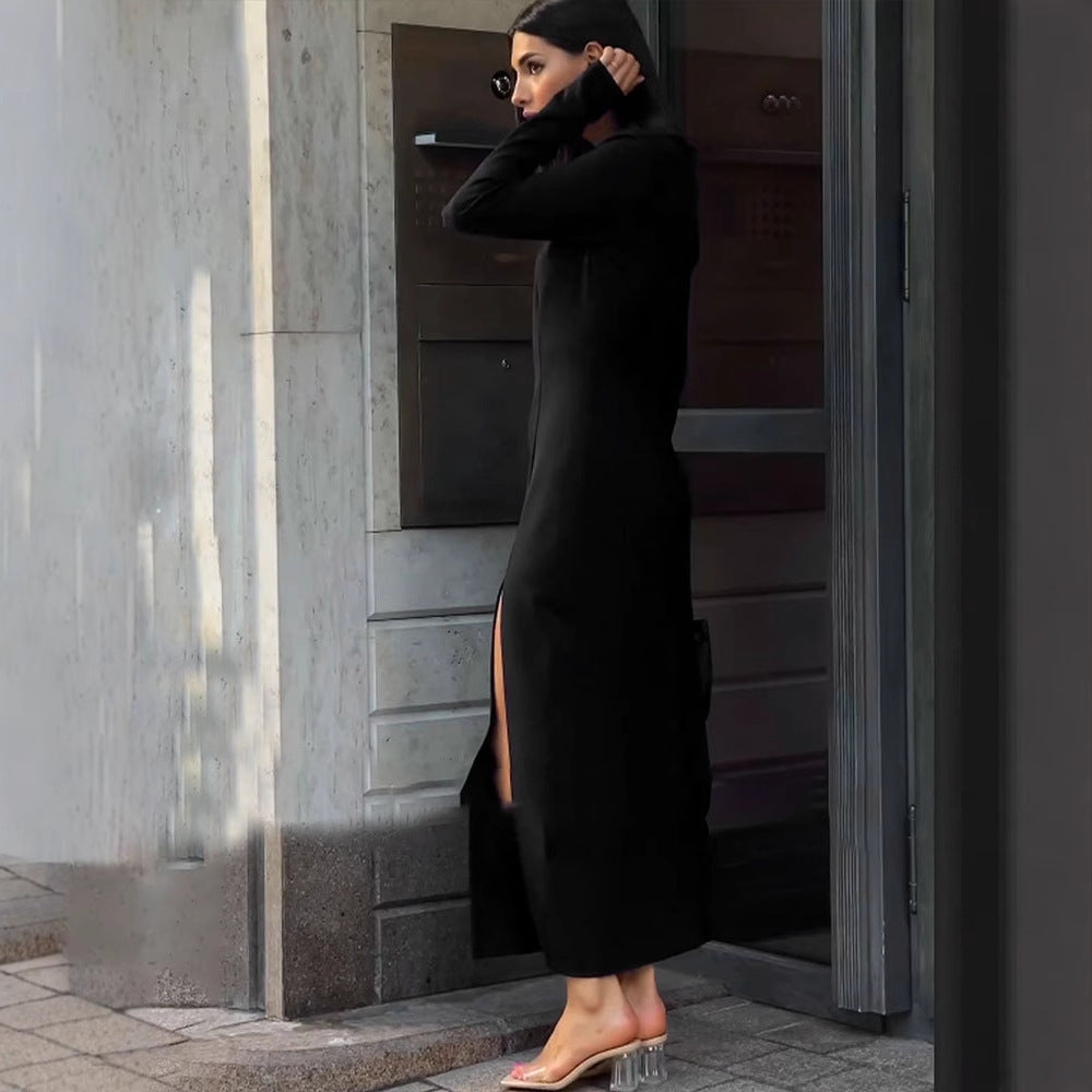New Solid Color And V-neck Metal Round Buckle Fashion Long Sleeve Dress