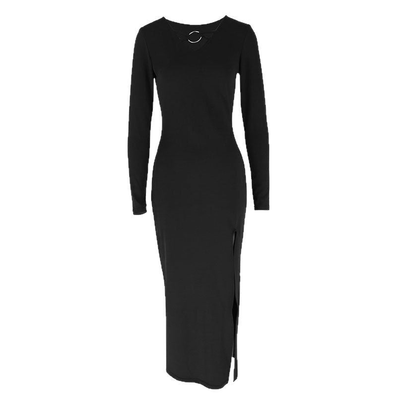 New Solid Color And V-neck Metal Round Buckle Fashion Long Sleeve Dress