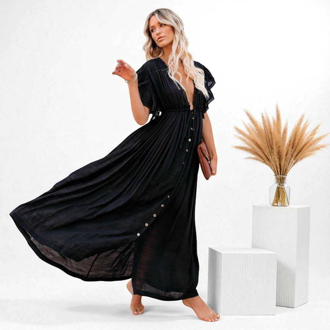 Robe Longue de Plage Élégante avec Ceinture et Boutonnage