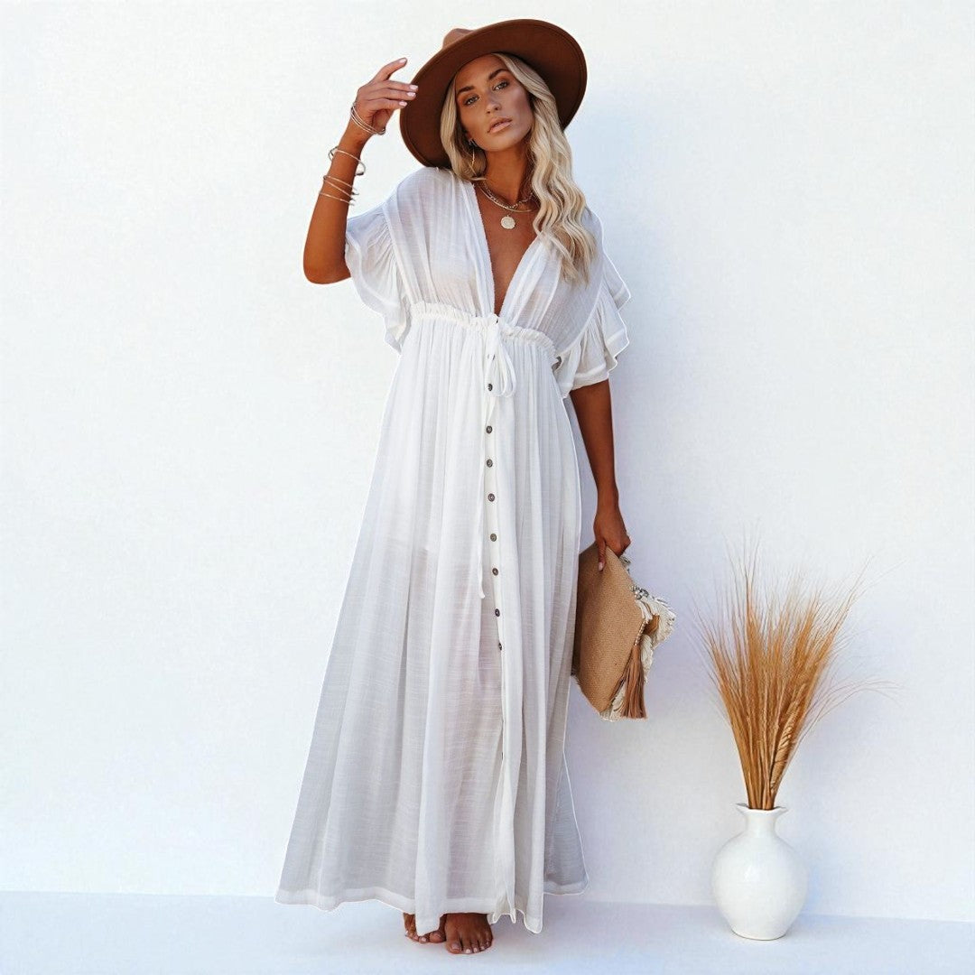 Robe Longue de Plage Élégante avec Ceinture et Boutonnage