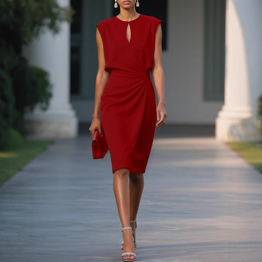 Women's Retro Elegant Cross Pure Color And Knotted Round Neck Hollow Dress