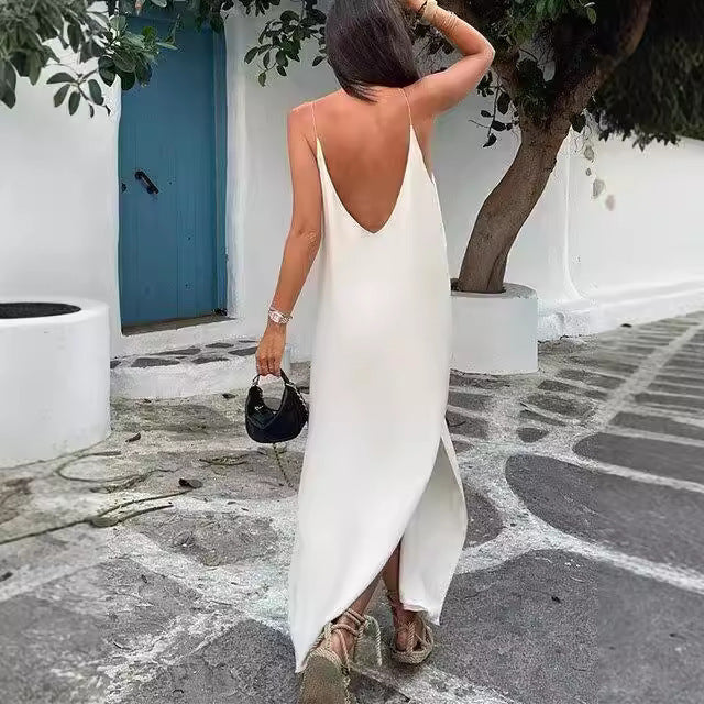 Robe Élégante à Bretelles en Satin Doublé