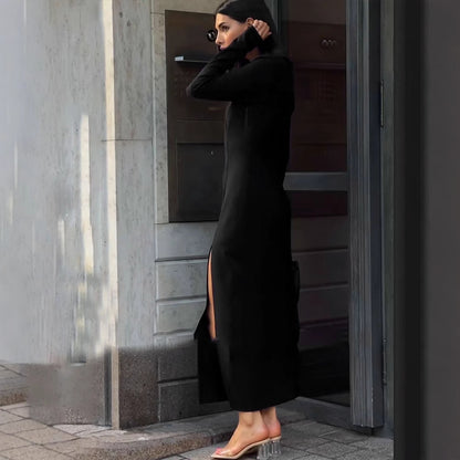 New Solid Color And V-neck Metal Round Buckle Fashion Long Sleeve Dress