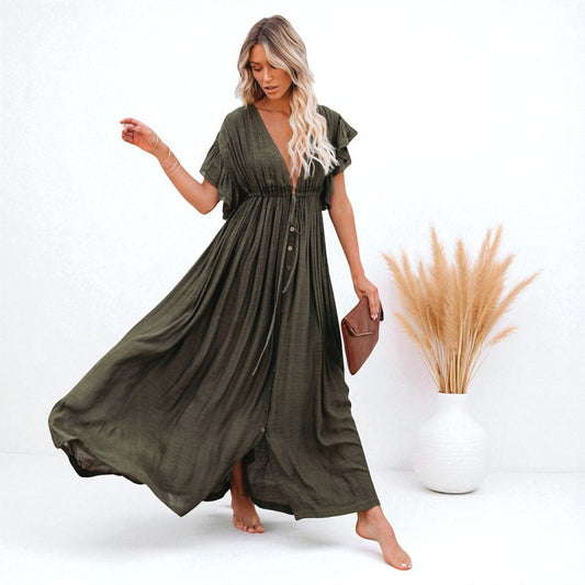 Robe Longue de Plage Élégante avec Ceinture et Boutonnage