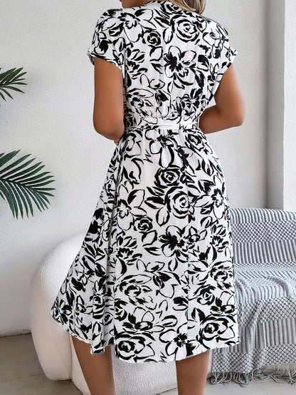 Women's Casual V-neck Button Batwing Sleeve Flower Swing Dress